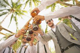 ślubni goście wznoszą toast przed życzeniami